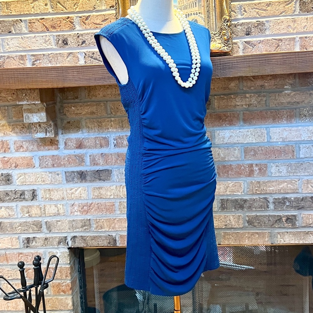 Moda International,Blue Ruched Stretch Dress Sleeveless Bodycon Cocktail,Size M - Picture 2 of 8